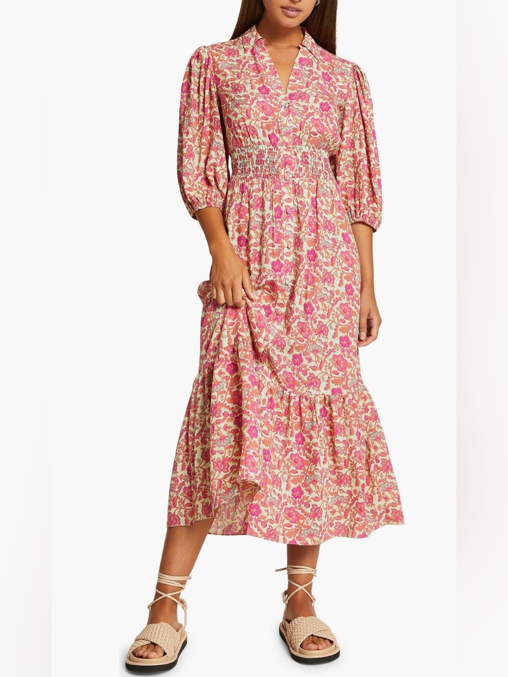 River Island Floral Print Long Sleeve Shirtdress in Medium Pink